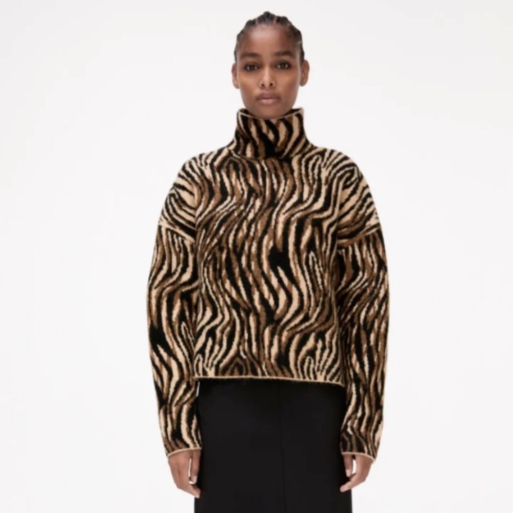 Zara Jacquard Knit Animal Pattern Sweater Womens turtlneck black brown cream Med